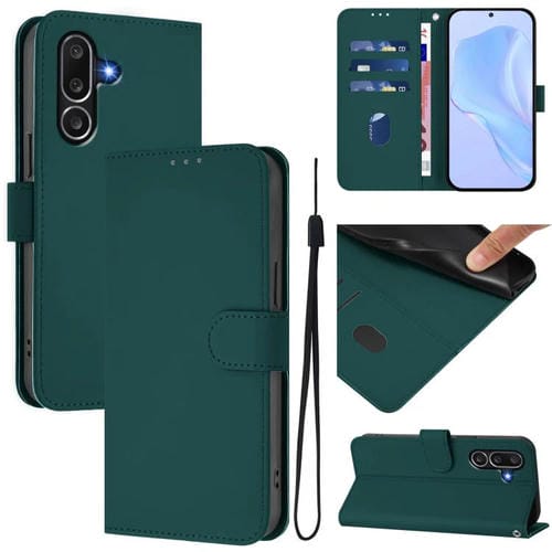 Funda de piel con textura de color liso y cordón para Samsung Galaxy M56 5G (verde oscuro)