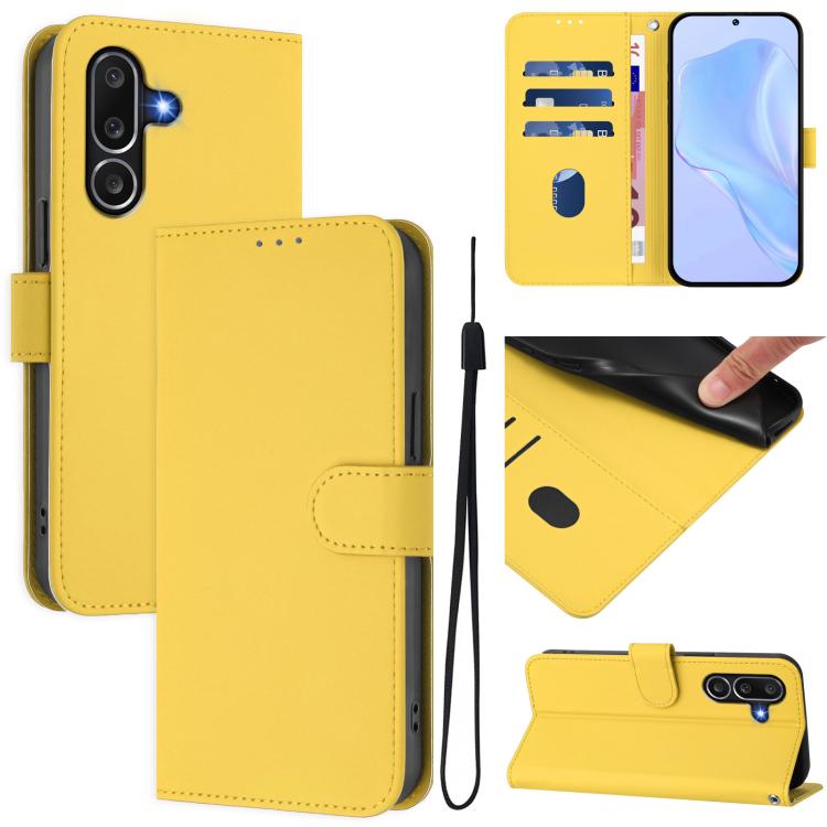 Funda de piel con textura de color liso y cordón para Samsung Galaxy M56 5G (amarillo limón)