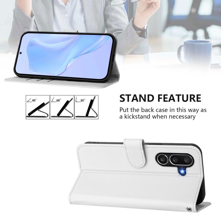 Funda de piel con textura de color liso y cordón para Samsung Galaxy M56 5G (blanco)