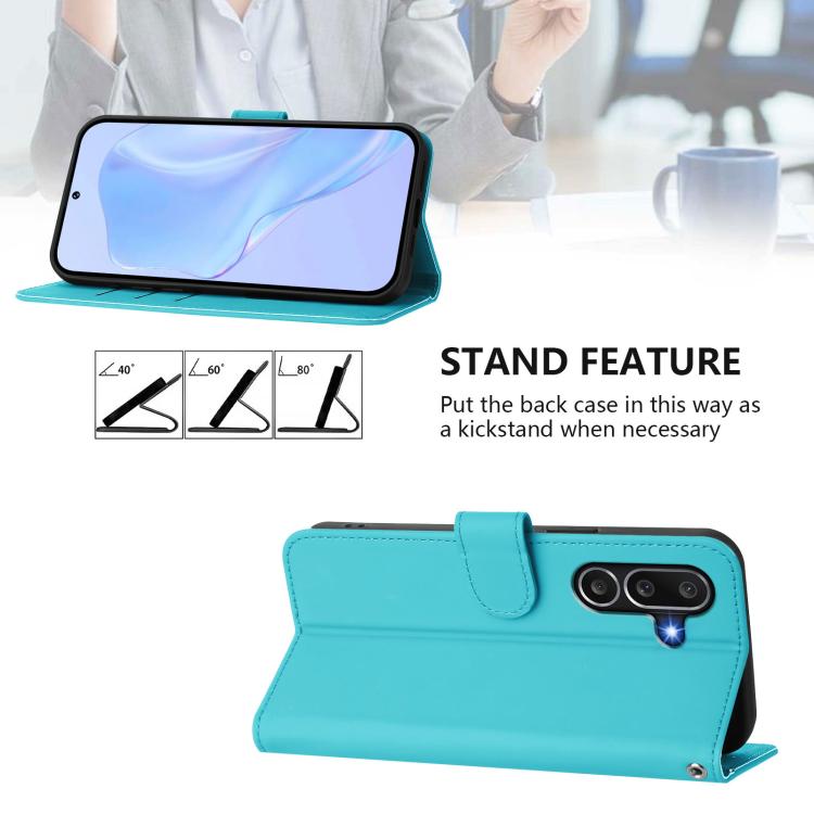 Funda de piel con textura de color liso y cordón para Samsung Galaxy M56 5G (azul lago)