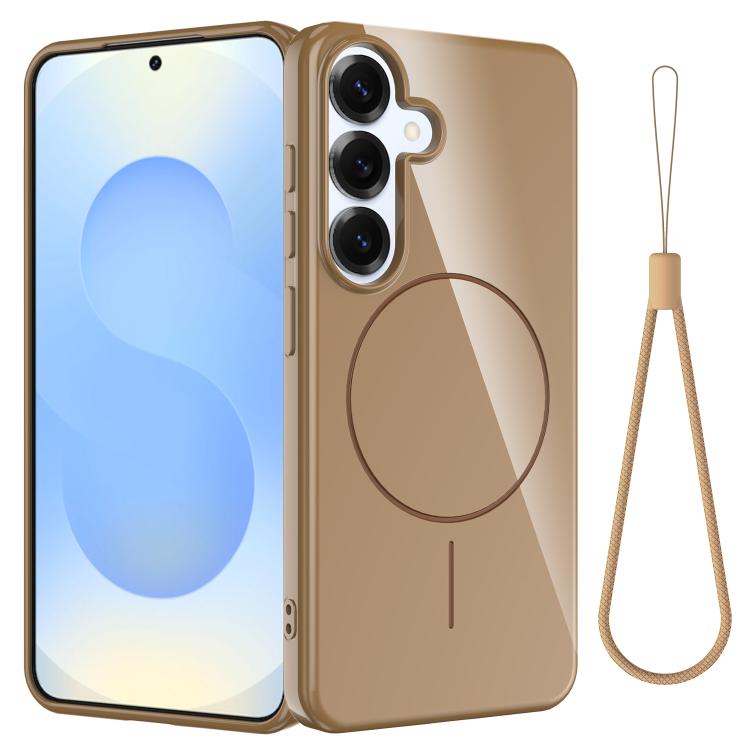 Funda MagSafe de TPU brillante a prueba de golpes con cordón para Samsung Galaxy S25 FE 5G (dorada)