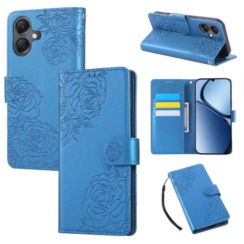 Funda de cuero con relieve de rosa para Samsung Galaxy A07 4G/5G, con 3 ranuras para tarjetas (azul)