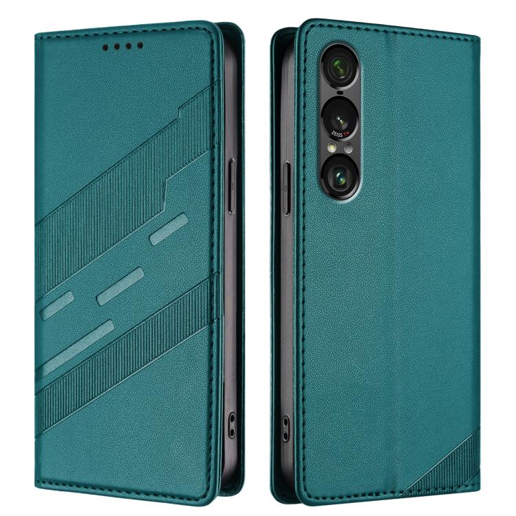 Funda de cuero retro con relieve para Sony Xperia 1 VII (verde oscuro)