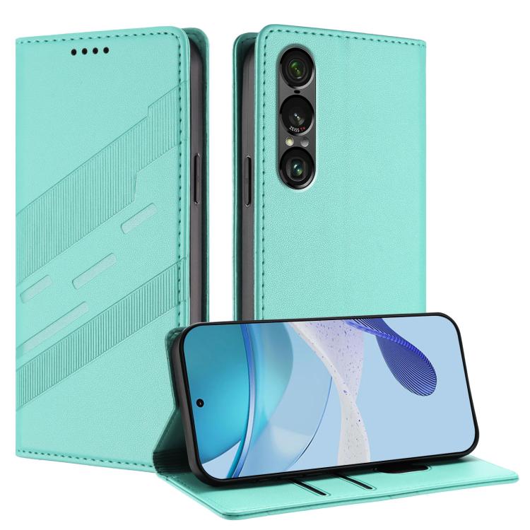 Funda de cuero retro con relieve para Sony Xperia 1 VII (verde menta)