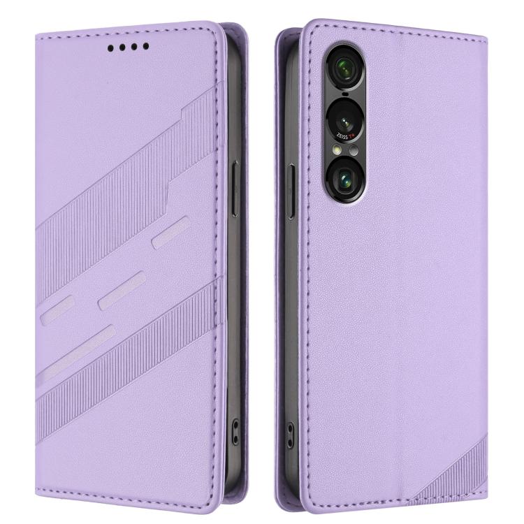 Funda de cuero retro con relieve para Sony Xperia 1 VII (morado claro)