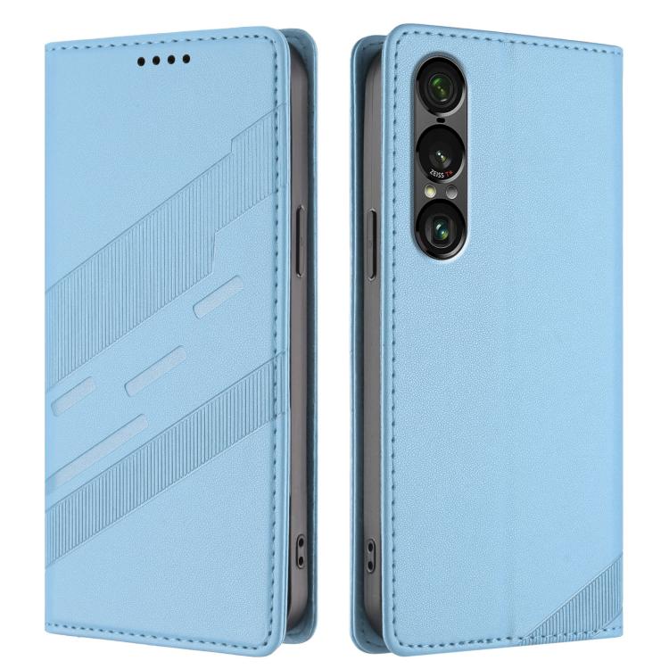 Funda de cuero retro con relieve para Sony Xperia 1 VII (azul claro)