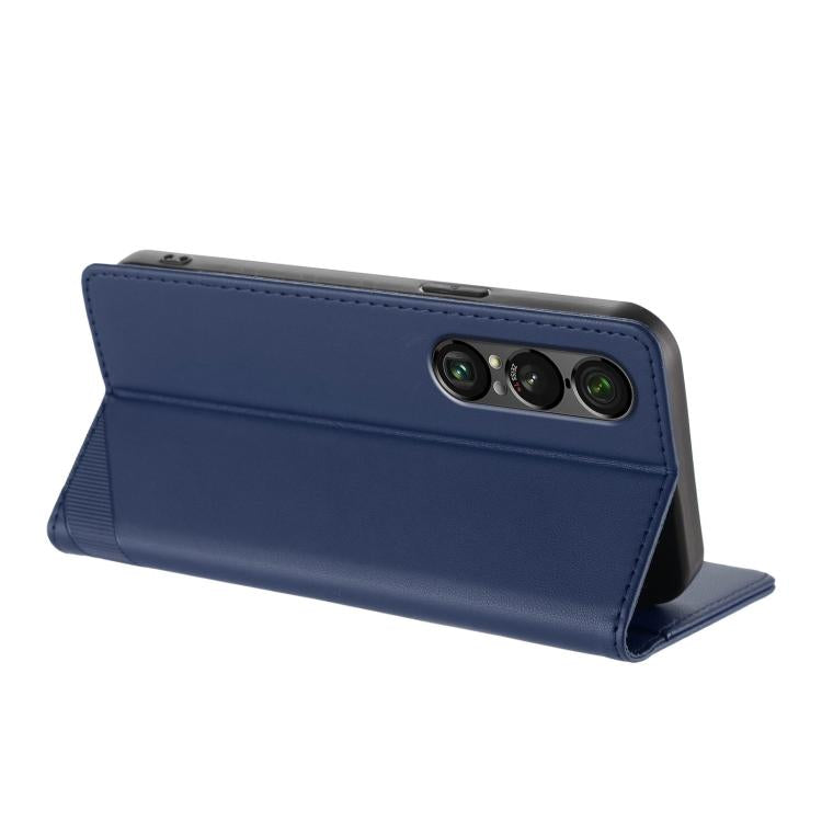 Funda de cuero retro con relieve para Sony Xperia 1 VII (azul oscuro)