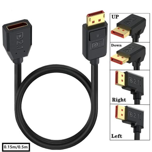 Cable Adaptador de Extensión Displayport DP2.1 Macho a Hembra Codo Izquierdo 52 Gbps 16K 30 Hz 50 cm (Negro)