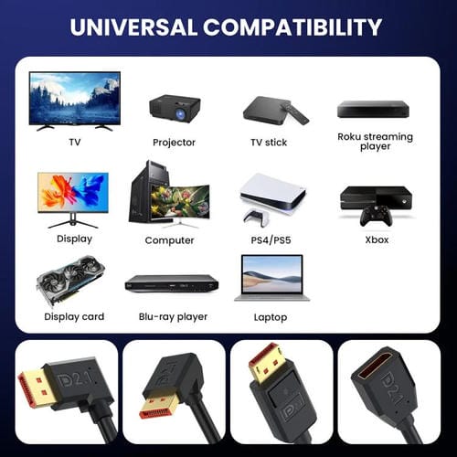 Cable Adaptador Extensión Displayport DP2.1 a DP2.1 52 Gbps 16K 30 Hz 1,2 m (Negro)