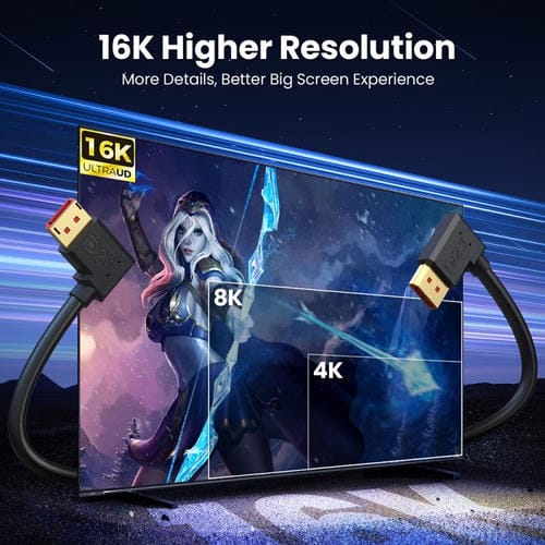 Cable Adaptador Extensión DisplayPort DP2.1 a DP2.1 Codo Derecho 52 Gbps 16K 30 Hz 3 M (Negro)