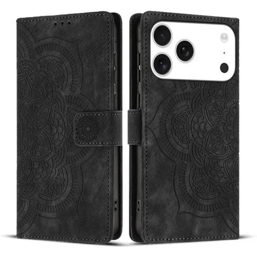 Funda de cuero retro esmerilado con diseño de mandala en relieve para iPhone 17 Pro (negra)