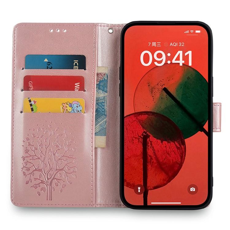 Funda de cuero con relieve de árbol y ciervo para Redmi Note 14S 4G (oro rosa)
