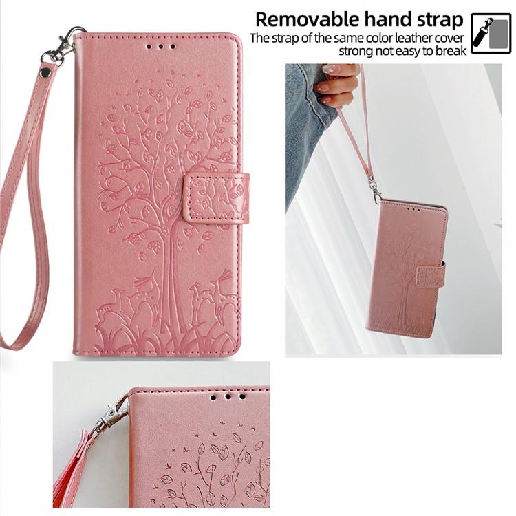Funda de cuero con relieve de árbol y ciervo para Redmi Note 14S 4G (oro rosa)