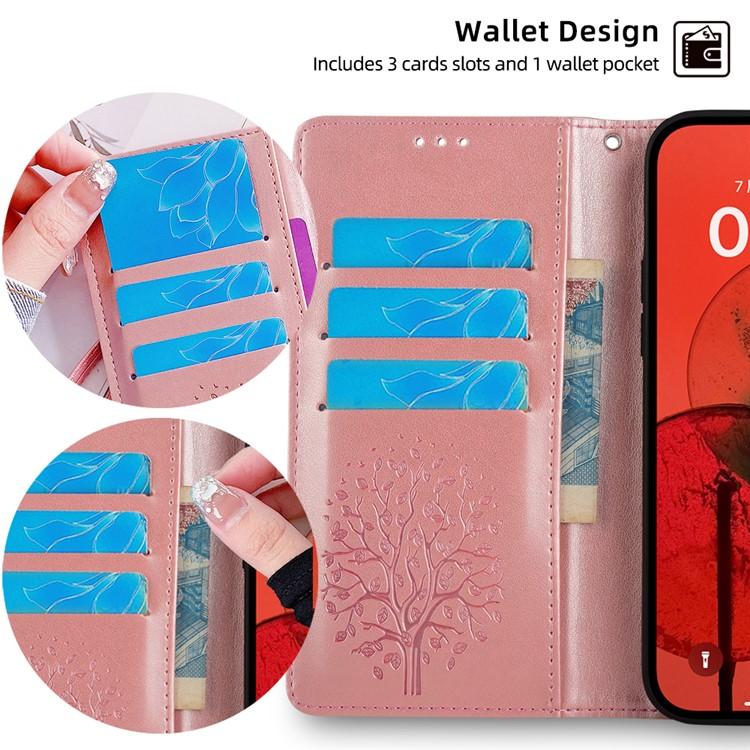 Funda de cuero con relieve de árbol y ciervo para Redmi Note 14S 4G (oro rosa)