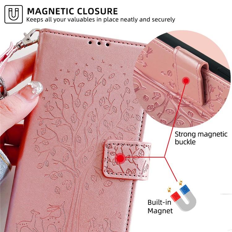 Funda de cuero con relieve de árbol y ciervo para Redmi Note 14S 4G (oro rosa)