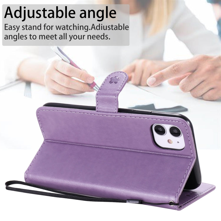 Funda de Cuero iPhone 11 Cat Bee Patrón En Relieve Tapa Horizontal Soporte Ranuras para Tarjetas Billetera (Púrpura)
