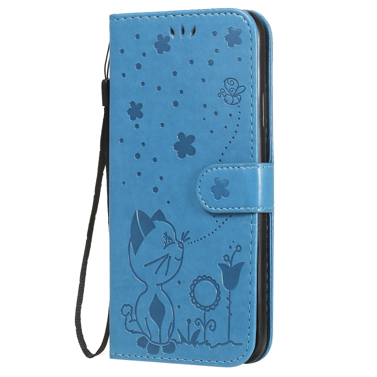 Funda de Cuero iPhone 11 Pro Max Cat Bee Patrón En Relieve Tapa Horizontal Soporte Ranuras Tarjetas Billetera (Azul)