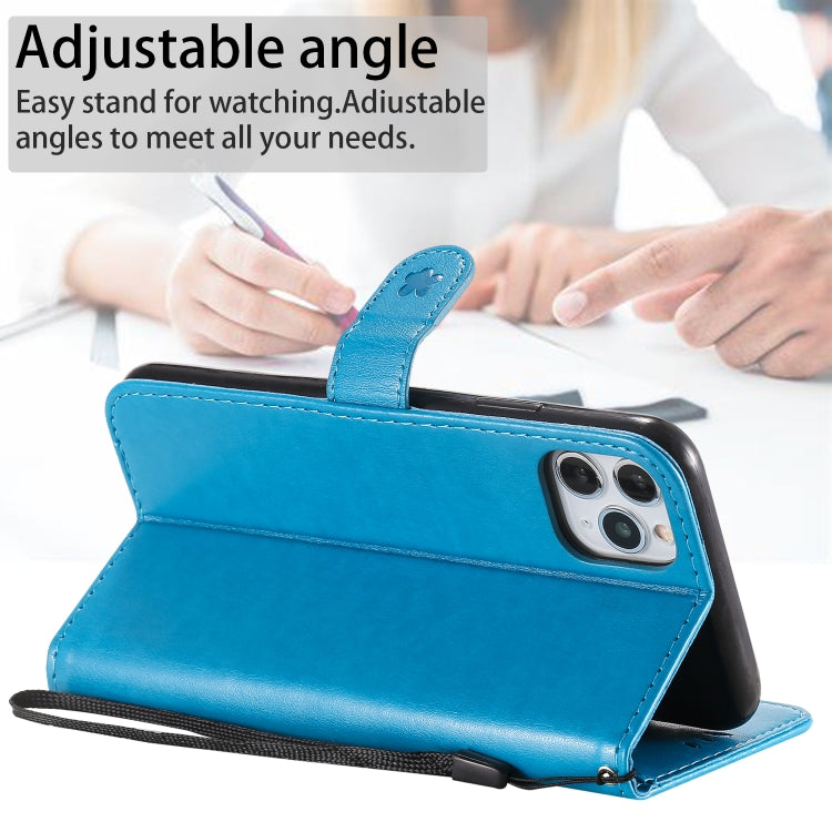 Funda de Cuero iPhone 11 Pro Max Cat Bee Patrón En Relieve Tapa Horizontal Soporte Ranuras Tarjetas Billetera (Azul)