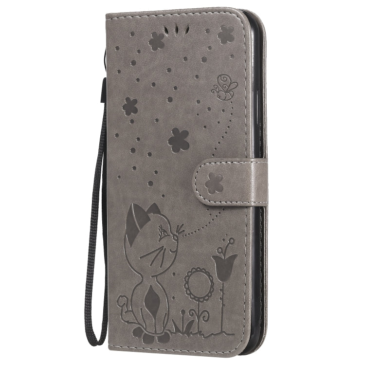 Funda de Cuero iPhone 11 Pro Max Cat Bee Patrón En Relieve Tapa Horizontal Soporte Ranuras Billetera (Gris)