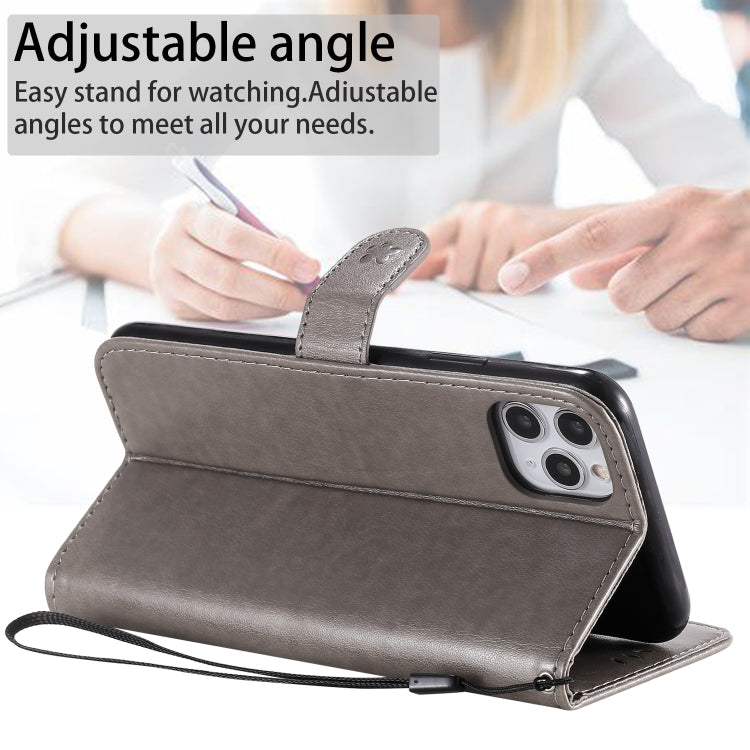 Funda de Cuero iPhone 11 Pro Max Cat Bee Patrón En Relieve Tapa Horizontal Soporte Ranuras Billetera (Gris)