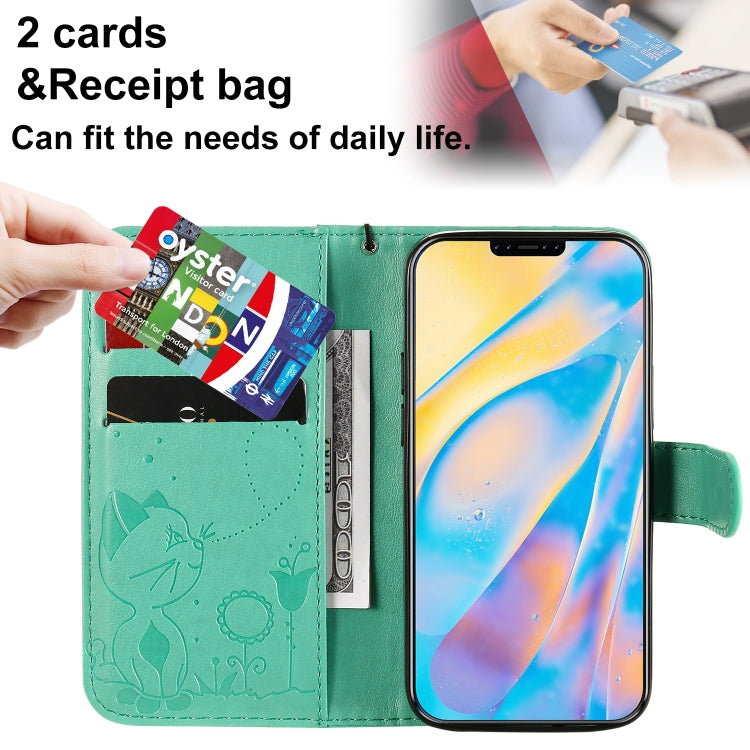 Funda de Cuero para iPhone 12 Mini Cat Bee con Tapa Horizontal, Soporte, Ranuras para Tarjetas y Billetera (Verde)