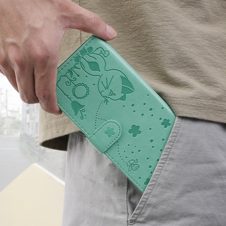 Funda de Cuero para iPhone 12 Mini Cat Bee con Tapa Horizontal, Soporte, Ranuras para Tarjetas y Billetera (Verde)