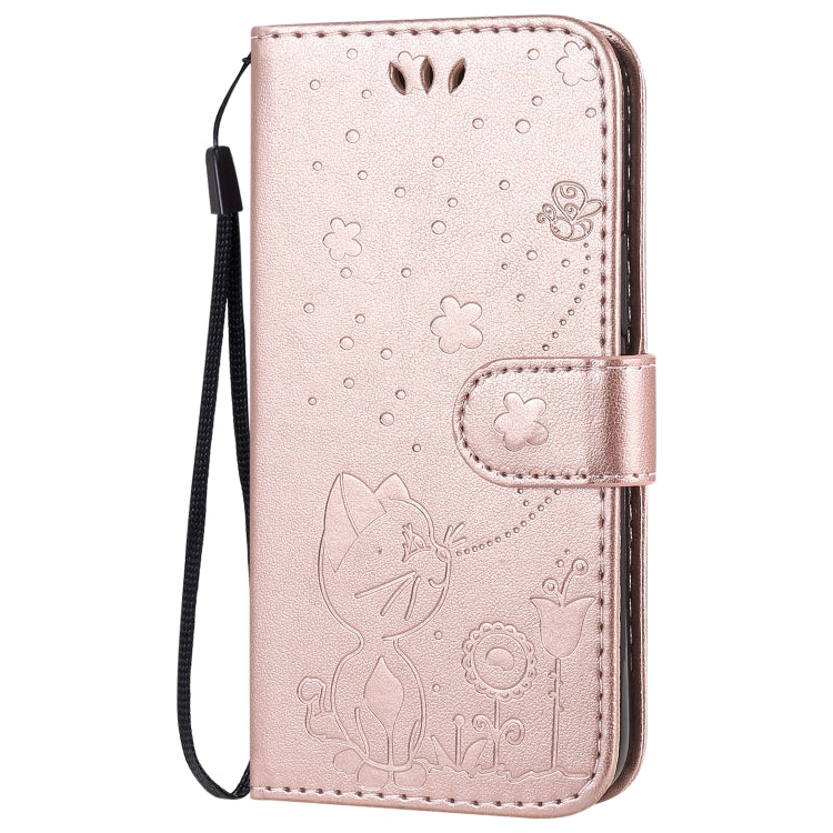 Funda de Cuero iPhone 12 Mini Cat Bee Patrón En Relieve Tapa Horizontal Soporte Ranuras Billetera (Oro Rosa)