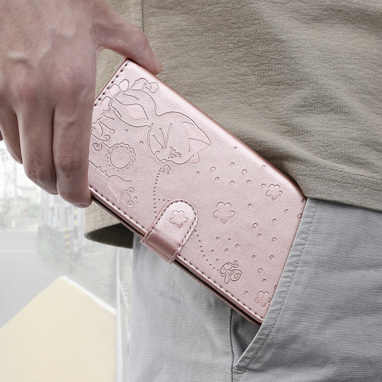 Funda de Cuero iPhone 12 Mini Cat Bee Patrón En Relieve Tapa Horizontal Soporte Ranuras Billetera (Oro Rosa)