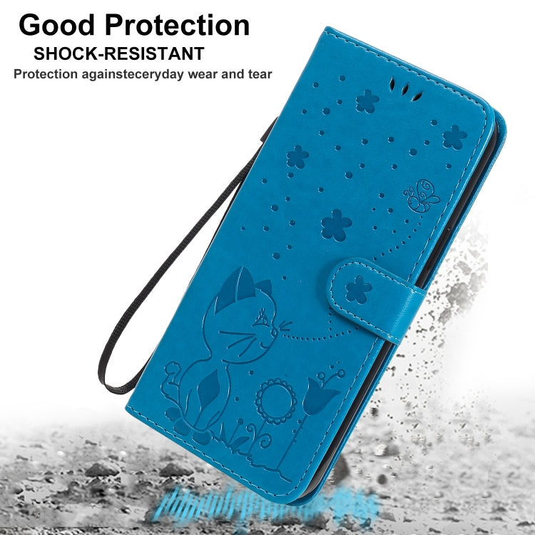 Funda de Cuero iPhone 12 Pro Max Cat Bee Patrón en Relieve Tapa Horizontal Soporte Ranuras Tarjetas Billetera (Azul)