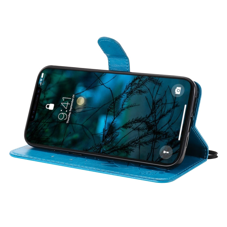 Funda de Cuero iPhone 12 Pro Max Cat Bee Patrón en Relieve Tapa Horizontal Soporte Ranuras Tarjetas Billetera (Azul)