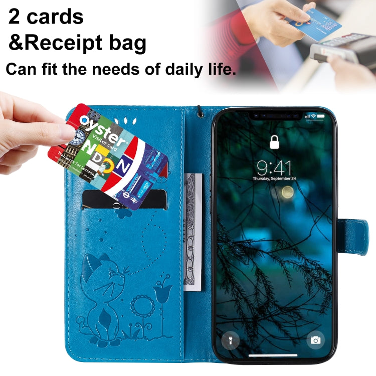 Funda de Cuero iPhone 12 Pro Max Cat Bee Patrón en Relieve Tapa Horizontal Soporte Ranuras Tarjetas Billetera (Azul)