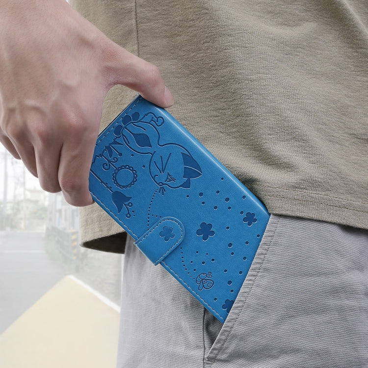 Funda de Cuero iPhone 12 Pro Max Cat Bee Patrón en Relieve Tapa Horizontal Soporte Ranuras Tarjetas Billetera (Azul)