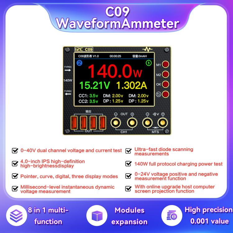 Amperímetro Digital Forma de Onda I2C C09 Modelo Host Detección de Carga y Medição de Voltagem