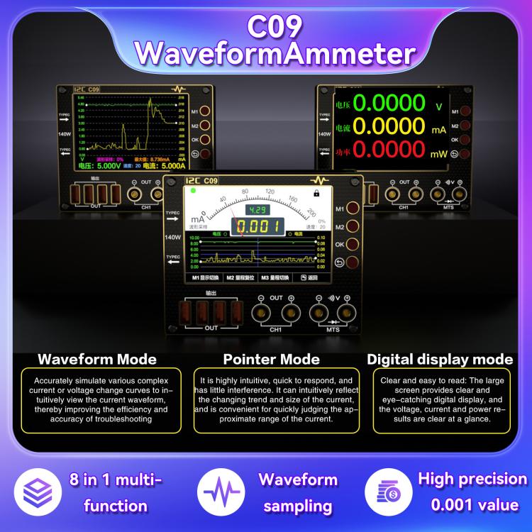 Digital Amperemeter Wellenform I2C C09 Lasterkennung und Spannungsmessung mit Erweiterungsplatine
