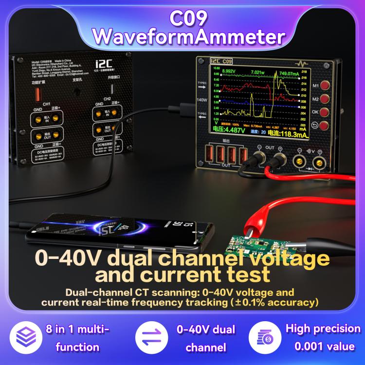 Amperímetro Digital Forma de Onda I2C C09 Modelo Host Detección de Carga y Medição de Voltagem