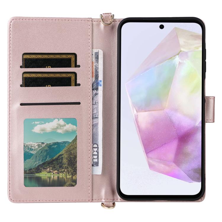 Funda de cuero multifuncional para Samsung Galaxy A17 5G con 6 ranuras para tarjetas y correa para la muñeca (rosa)