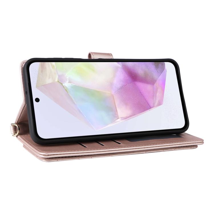 Funda de cuero multifuncional para Samsung Galaxy A17 5G con 6 ranuras para tarjetas y correa para la muñeca (rosa)