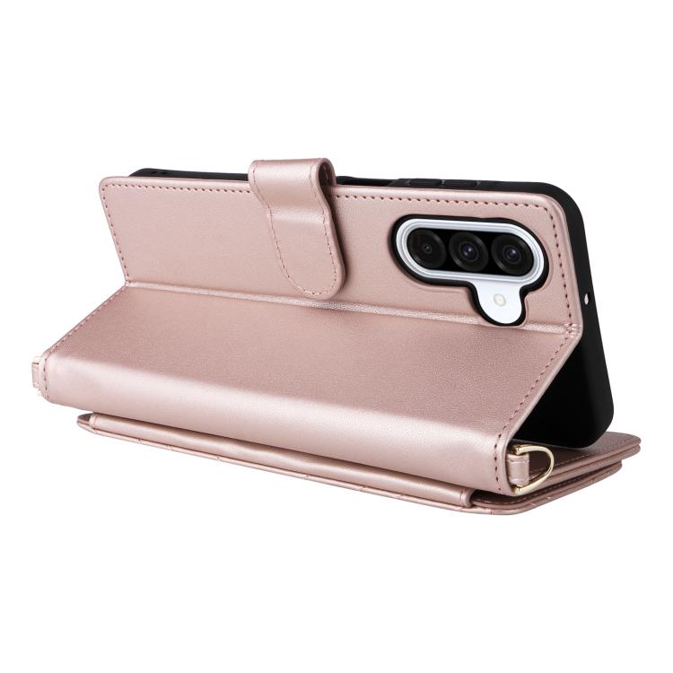 Funda de cuero multifuncional para Samsung Galaxy A17 5G con 6 ranuras para tarjetas y correa para la muñeca (rosa)