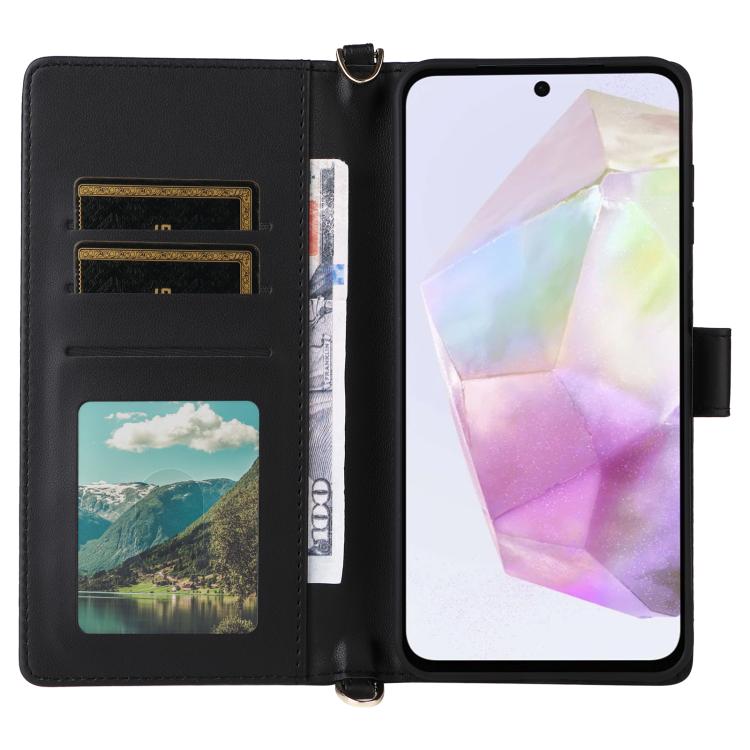 Funda de cuero multifuncional para Samsung Galaxy A17 5G con 6 ranuras para tarjetas y correa para la muñeca (negra)