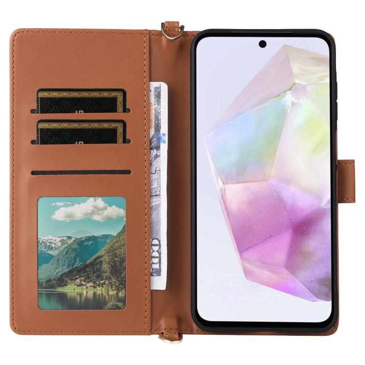 Funda de cuero multifuncional para Samsung Galaxy A17 5G con 6 ranuras para tarjetas y correa para la muñeca (marrón)