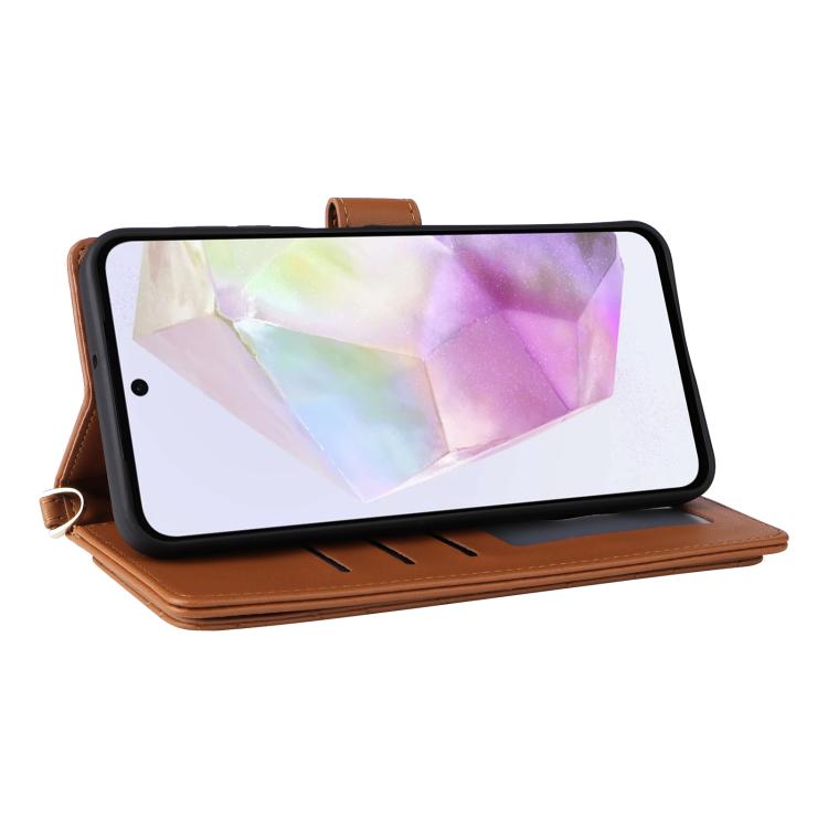 Funda de cuero multifuncional para Samsung Galaxy A17 5G con 6 ranuras para tarjetas y correa para la muñeca (marrón)