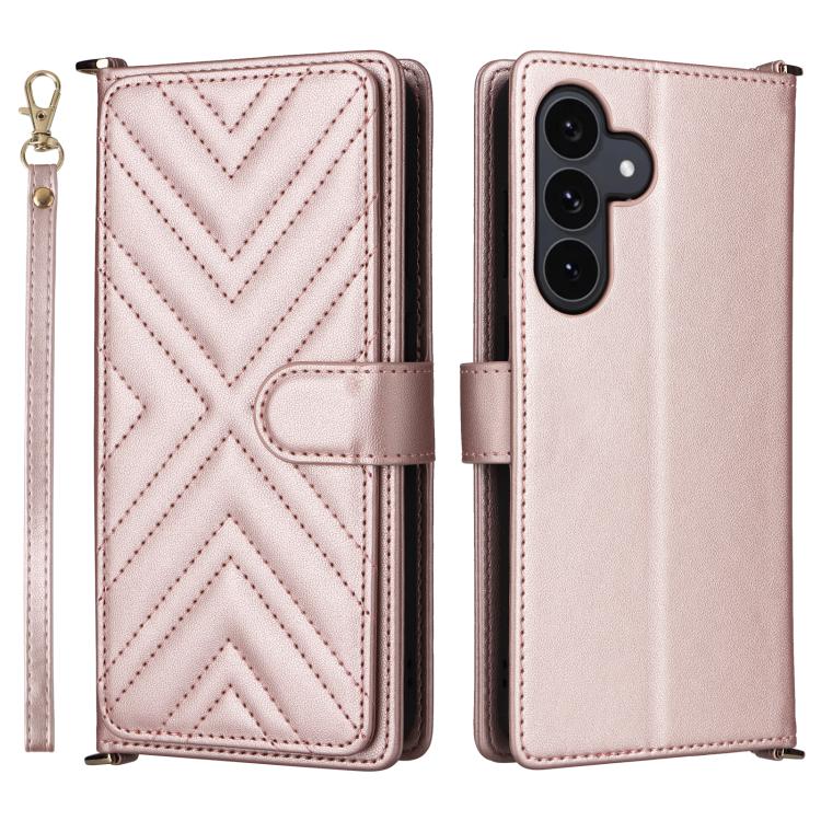 Funda de cuero multifuncional para Samsung Galaxy S25 FE 5G con 6 ranuras para tarjetas y correa para la muñeca (rosa)