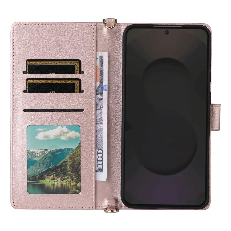 Funda de cuero multifuncional para Samsung Galaxy S25 FE 5G con 6 ranuras para tarjetas y correa para la muñeca (rosa)