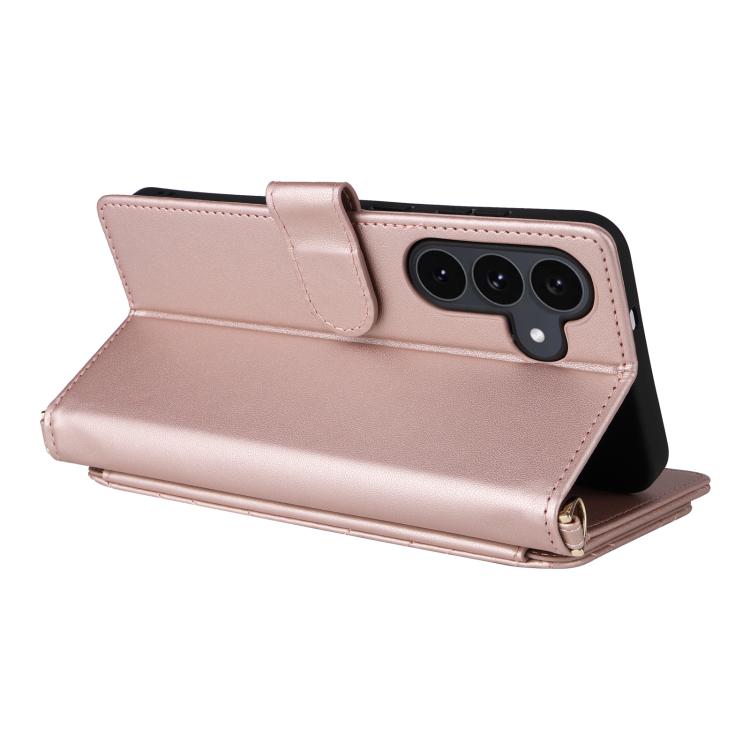 Funda de cuero multifuncional para Samsung Galaxy S25 FE 5G con 6 ranuras para tarjetas y correa para la muñeca (rosa)