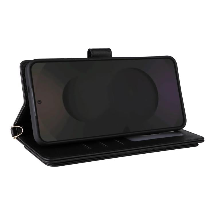 Funda de cuero multifuncional para Samsung Galaxy S25 FE 5G con 6 ranuras para tarjetas y correa para la muñeca (negra)