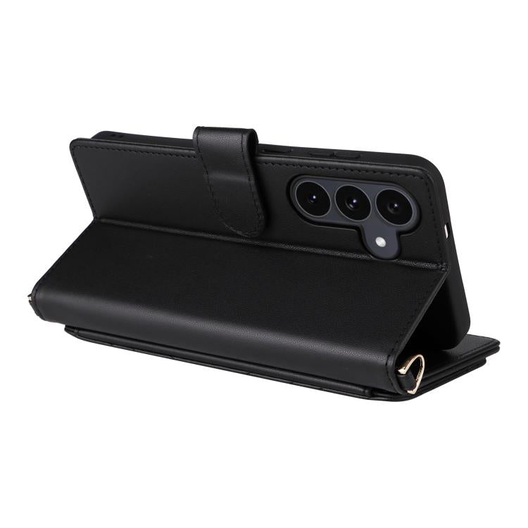 Funda de cuero multifuncional para Samsung Galaxy S25 FE 5G con 6 ranuras para tarjetas y correa para la muñeca (negra)