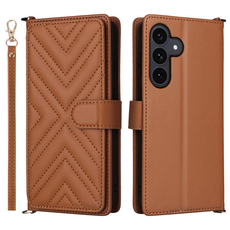 Funda de cuero multifuncional para Samsung Galaxy S25 FE 5G con 6 ranuras para tarjetas y correa para la muñeca (marrón)