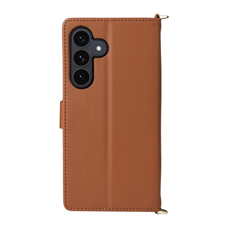 Funda de cuero multifuncional para Samsung Galaxy S25 FE 5G con 6 ranuras para tarjetas y correa para la muñeca (marrón)
