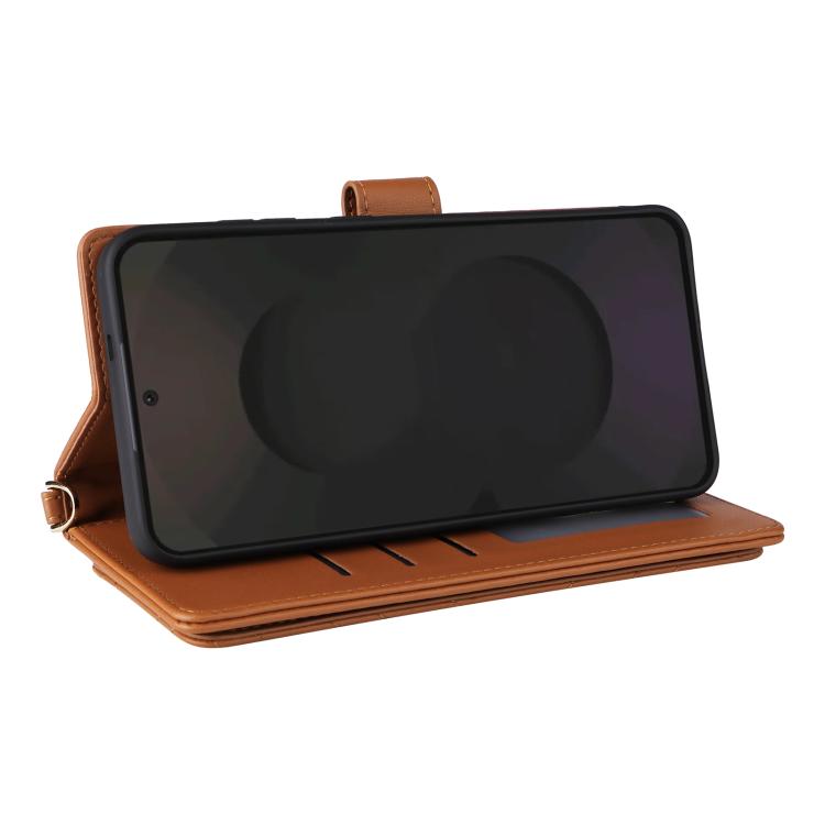 Funda de cuero multifuncional para Samsung Galaxy S25 FE 5G con 6 ranuras para tarjetas y correa para la muñeca (marrón)