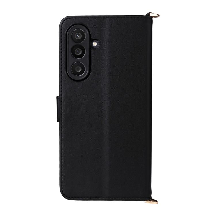 Funda de cuero multifuncional para Samsung Galaxy M56 5G con 6 ranuras para tarjetas y correa para la muñeca (negra)